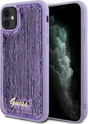 Produktbild von Guess GUHCN61PSFDGSU iPhone 11 / Xr 6.1 lila/lila Hartschalenetui mit Pailletten-Schriftzug aus Metall