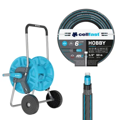 Zdjęcie produktu dla Wózek na wąż Cellfast Aluplus 1/2" 60 m + wąż ogrodowy Cellfast Hobby ATS2 1/2" 50 m