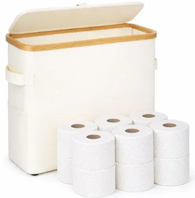 Produktbild von Ultiluxe Toilettenpapier Aufbewahrungskorb - Weiß/Beige - Rollenhalter mit Bambusdeckel - 45 x 15 x 35 cm