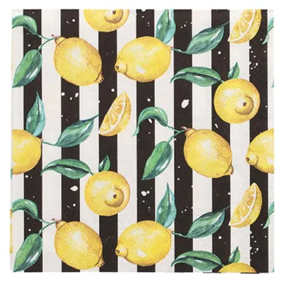 Produktbild von 20 Servietten Citrus Lines - Zitronen auf Streifen schwarz weiß 33x33cm