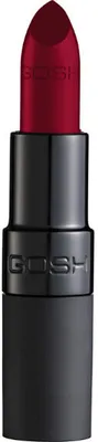 A close-up studio shot of a red lipstick with a black casing.