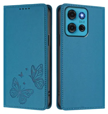 Image de Étui en cuir pour Motorola Moto G75 5G, motif papillon, étui à rabat avec porte-appareil, bleu