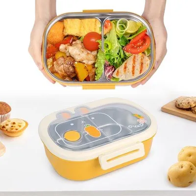 Image de Boîte à lunch pour enfants en acier inoxydable, double compartiment, sans BPA, jaune, étanche