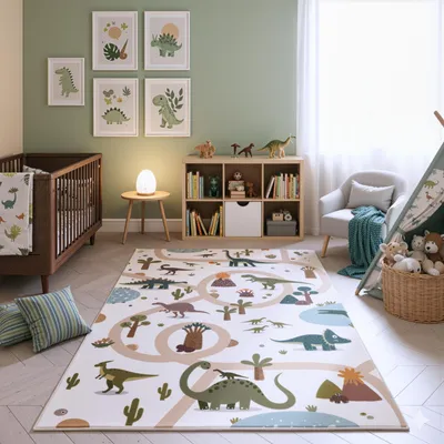 Image de Teppium Tapis Enfant Dinosaures Tapis de Jeu pour Chambre d Enfant en Crème Motif Dino avec Routes taille 140x200 cm pour grandes surfaces de jeu