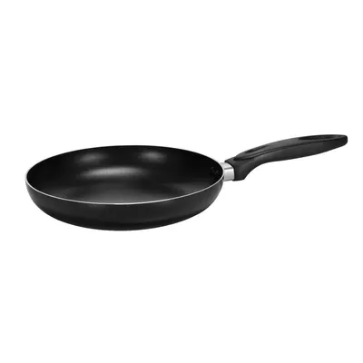 A black frying pan with a black handle is shown against a white background.