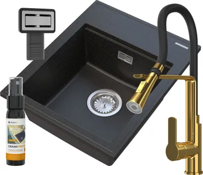 Obrázok produktu pre Granitan – granitový drez – kuchynský drez – 50 × 40 cm – čierny – s batériou VEGAS GOLD a sifónom – ALOR