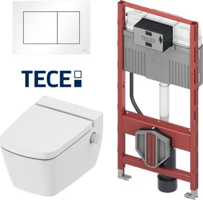 Produktbild von TECE One Set Wand-Dusch-WC mit Warm- und Kaltwasser, WC-Sitz mit Absenkautomatik, Vorwandelement und Drückerplatte, weiß