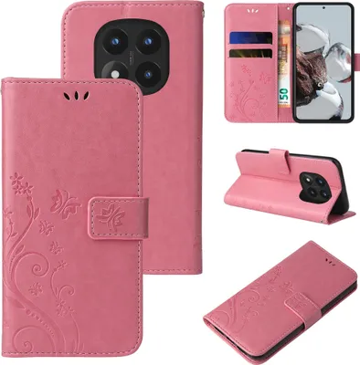 Collage of product images showing a pink floral flip phone case from different angles, including one with a phone inside and card slots.