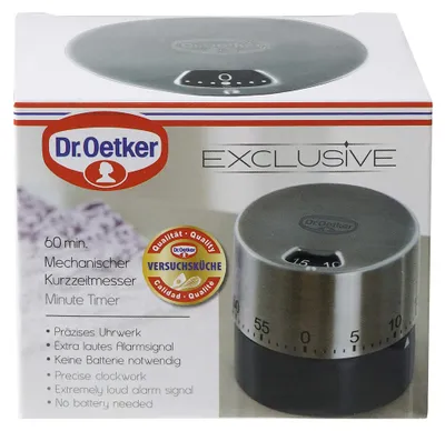 Zdjęcie produktu dla Dr. Oetker zegar mechaniczny do 60 min EXCLUSIVE, budzik kuchenny ze stali nierdzewnej, zegar działa bez baterii, (kolor: szaro-brązowy/srebrny) ilość: 1 szt