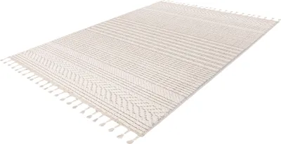 Produktbild von Lalee Luxor Japandi Stil Teppich 120x170 cm, gestreift, niedrigflorig, mit dicken Fransen, Boho-Design in Creme Weiß