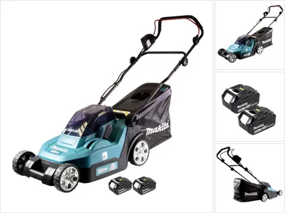 A collage of images showing a Makita cordless lawnmower and its batteries.