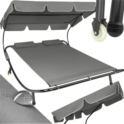 A double lounge chair with a canopy, shown from a slightly elevated angle.