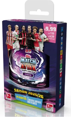 A product box for Topps Match Attax Bundesliga trading cards, featuring images of soccer players and game branding.