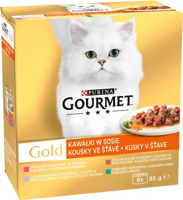Produktbild von Gourmet Gold Cat Ente mit Oliven Forelle mit Gemüse Kaninchen mit Karotten Kalbfleisch 8 x 85 g