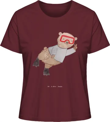 Produktbild von Mr. & Mrs. Panda Basic T-Shirt Damen Bär Tauchen Größe L - Burgundy - Geschenk, Dive, Kurzarmshirt, Sommershirt, Rundhals, Diving, Tauchschule, Tauchgang, Shirt, Oberteil