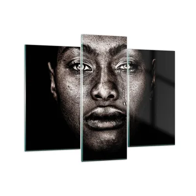 Produktbild von Bilder auf glas - 3 Teile - Schwarz Porträt Träne - 130x100cm - Glasbilder - Wandbilder - Bilder - zum Aufhängen bereit - Wanddekoration aus Glas - Glas Bilder - Wandbild auf Glas - GCB130x100-4239