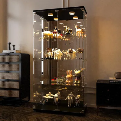 Image de Vitrine en verre Stand vitrine,4 couches de verre vitrine armoire vitrine,2 portes,lampe LED et serrure avec miroir de fond vitrine en verre debout,armoire de salon pour les objets de collection et des livres