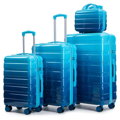 Produktbild von Koffer 4-teiliges mit Zahlenschloss, seitliche Griffe, Schutzfüße und 14 Zoll Kosmetikkoffer, PC-Material, 4 Größen, Blau