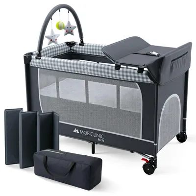 3-in-1 Babyreisebett mit Wickelauflage, klappbar, grau, 0-15 kg