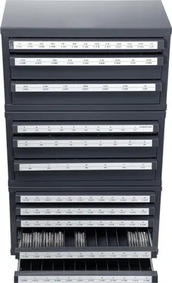 A gray metal organizer cabinet with multiple drawers, designed for storing small tools or parts.