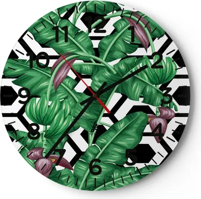 Produktbild von Wanduhr - Rund - Glasuhr - Blatt Pflanze Blume - 40x40cm - Schleichendes Uhrwerk - Lautlos - zum Aufhängen bereit - Dekoration Modern - Wanddekoration aus Glas - C4AR40x40-3798