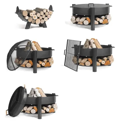 Image de Brasero de jardin SOLAFA avec range bois en acier-Noir-Noir-Ø 80cm--