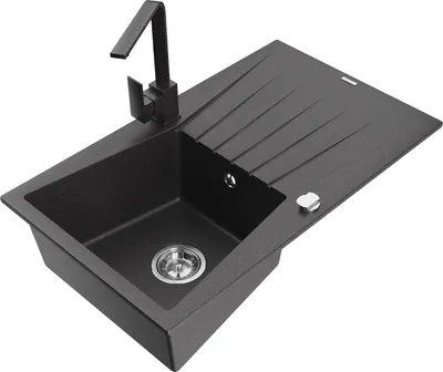 Produktbild von Mexen Cesar 1 Becken-Granitspüle mit Abtropffläche und Mischbatterie Rita, Schwarz gesprenkelt - 6514-76-670300-76