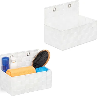 Image de Panier de rangement suspendu Relaxdays, lot de 2, panier suspendu aspect tressé, salle de bain, couloir, panier mural L x l x h 20 x 25 x 16,5 cm, blanc