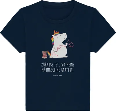 Produktbild von Mr. & Mrs. Panda Organic Baby Shirt Einhorn Näherin 0. - 6. Monat - French Navy - Geschenk, Stricken, Basteln, Einhörner, Unicorn, Babyshirt, Baumwollshirt, Häkeln, Nähen