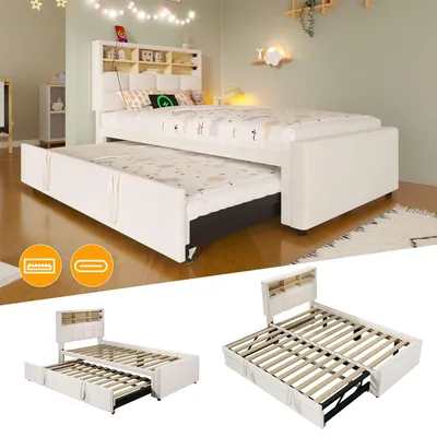Produktbild von Merax Polsterbett Tagesbett 90 x 200 cm mit Ausziehbett, bis 180 x 200 cm, USB-A, USB-C, Staufach und Samt-Polsterung, Schlafsofa Kinderbett, Beige