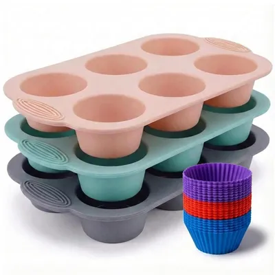 Produktbild von Silikon Muffinbackform 18er Set, 3 Stück, Antihaft, für Cupcakes & Muffins, 30x18x3.8cm