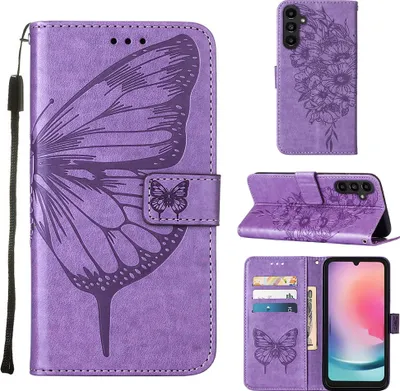 Produktbild von Lederhülle für Samsung Galaxy A05S Schmetterling Prägung Flip Ledertasche Kartenfächer Handyhülle mit Ständer Violett