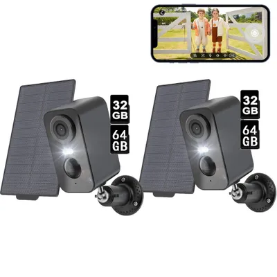 Image de kit 2 caméras Caméra de surveillance extérieure Batterie solaire - Caméra 2K Surveillance extérieure WLAN Outdoor sans fil Panneau solaire 32&64GB