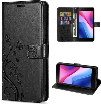 A collage of images showing a black flip phone case with a floral embossed design, a close-up of the card slots, and the phone case in a stand position.