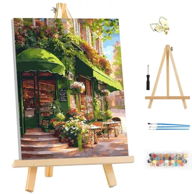 Image de Kit de peinture par numéros pour adultes, avec cadre, représentant une rue et un café, format 25x35 cm, référence LG031