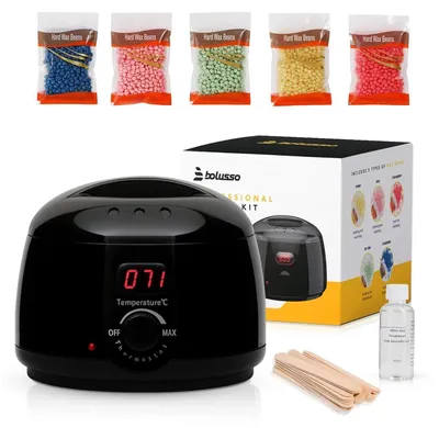 Image de Appareil à cire Bolusso | Kit d'épilation | Chauffe-cire inclus | 5 types de fèves de cire (500g) | 50 bâtonnets de cire | Température réglable 30-120°C