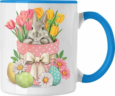 Produktbild von Trendation - Tasse Ostern Ostergeschenke Kinder Jugendliche Geschenke Lustige Grafik Osterhase Ostereier Tulpen (Blau)