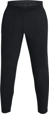 A pair of black athletic pants shown from the front.
