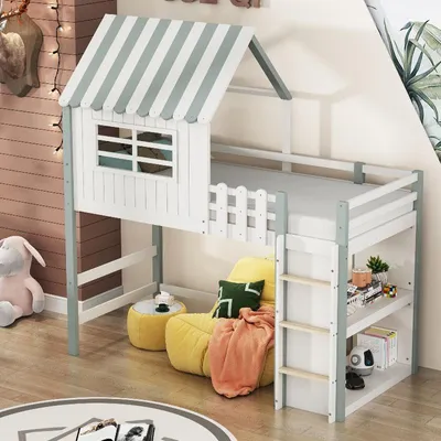 Obrázok produktu pre Detská postieľka 90x200 cm, domčeková postieľka s strechou z masívneho dreva, zelená, s bezpečnostnou schodíkovou tyčou, odkladacím priestorom a latkovým roštom, vhodná do detskej izby