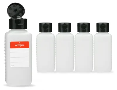 Produktbild von 5 Plastikflaschen 100 ml eckig aus HDPE, natur, G25, Klappscharnierverschluss aus PP schwarz