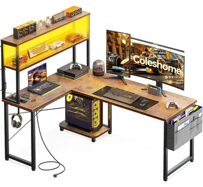Immagine prodotto di Tavolo da gioco a forma di L con LED e prese di corrente, dimensioni 135x100 cm. Scrivania angolare reversibile con ripiano, colore marrone vintage