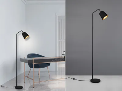Produktbild von Große LED Stehleuchte mit TEXTIL Lampenschirm Schwarz-Gold, Spot schwenkbar