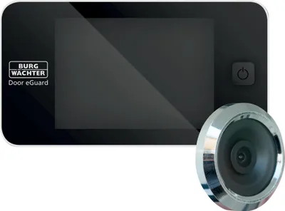 A digital door peephole viewer and its camera lens are shown against a white background.