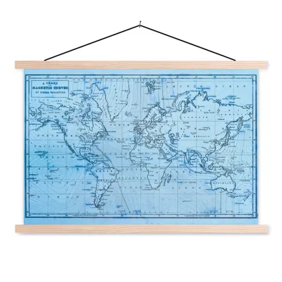Produktbild von MuchoWow® Textilposter Weltkarte - Blau - Linien 60x40 cm mit holzfarbenen Rahmen - Bilder