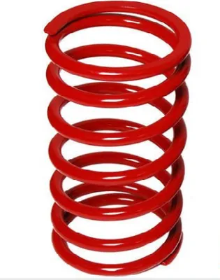 A red metal spring is shown against a white background.