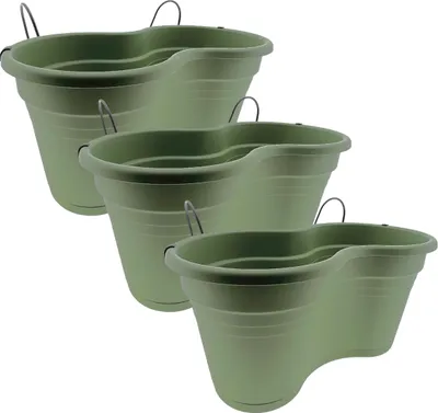 Produktbild von Doppelter Balkon-Blumenkasten, Hängekasten, kompletter Geländer-Blumenkasten – Altgrün – 37 x 20 x 17 cm – 3 Stück