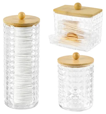 Image de Support pour cotons-tiges et boules de coton - Lot de 3 récipients de rangement - Transparent