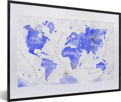 Produktbild von MuchoWow® MuchoWow® Gerahmtes Poster Weltkarte - Aquarell - Blau 60x40 cm - Poster mit zchwarzem Bilderrahmen - Schlafzimmer - Plakat in Rahmen - Drucken
