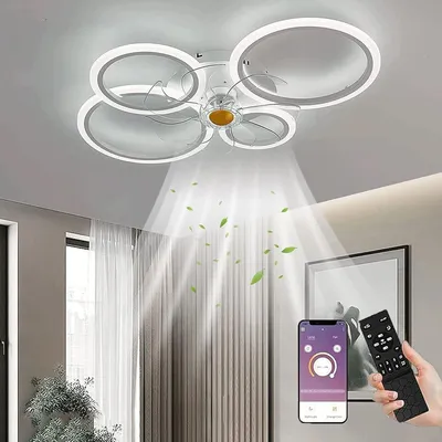 A modern ceiling fan with integrated LED lighting, shown active with air currents and leaves flowing.