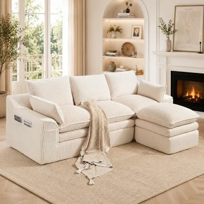 Produktbild von 3-Sitzer Cordsofa Hocker Kissen Seitentaschen 3-lagiger Schaumstoff Federkern Beige 263x167x85cm